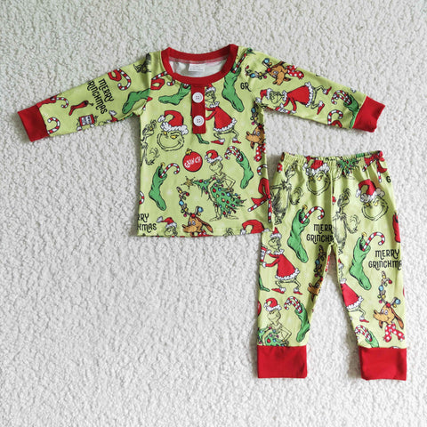 Christmas Clothing Green Monster Print Long Sleeve Long Pants Pajamas Outfit Boys Clothes