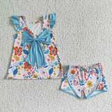 Girl Flower Ruffle With Bow Shorts Sleeve Summer Outfits