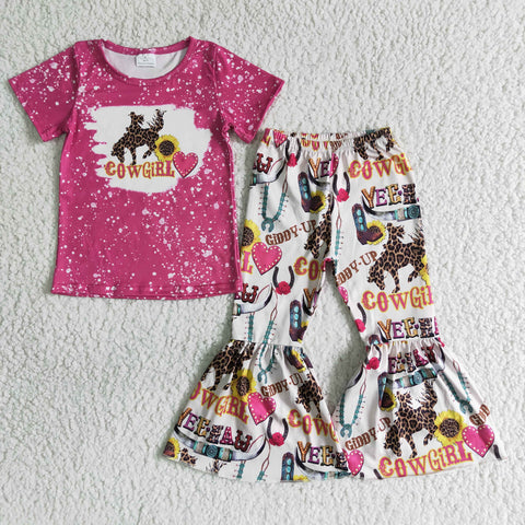 C1-27 Cowgirl Pink Short Sleeve Shirt Bell Bottom Pants Outfit-promotion 2024.6.15