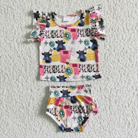 Girl Letter Cow Gem Print Ruffle Bummies Baby Girls Clothes