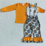 Girl Orange Long Sleeve Shirt Leopard Pumpkin Overall Ruffle Clothes Outfit
