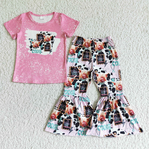 Pink Highland Cow Head Print Short Sleeve Shirt Bell Bottom Girls Outfits