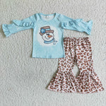 GLP0093 Girl Blue Snowmen Print Long Sleeve Ruffle Shirt Leopard Long Pants Girls Outfit-promotion 2024.10.12