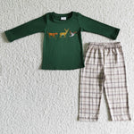Boy Clothes Green Deer Bird Embroidery Long Sleeve Shirt Plaid Long Pants Outfit