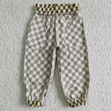 Khaki Hound's-tooth Plaid Functional Drawstring Pocket Kids Cotton Pants