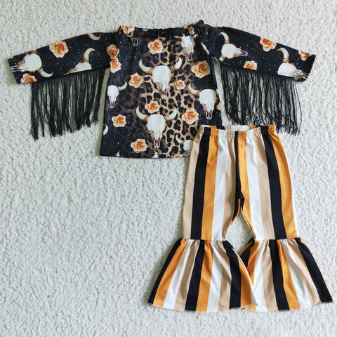 GLP0169 Girl Black Leopard Tassels Long Sleeve Shirt Stripe Long Pants Girls Outfit-promotion 2024.10.19