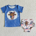 Baby 4th of July Cow Print Blue Shirt Bummies Set