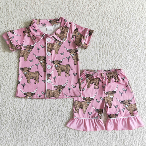 Girl Pink Short sleeve Cow Print Pajamas Outfit