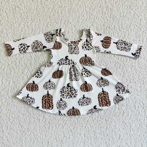 Leopard Pumpkin Print Baby Girls Long Sleeve Twirl Dress