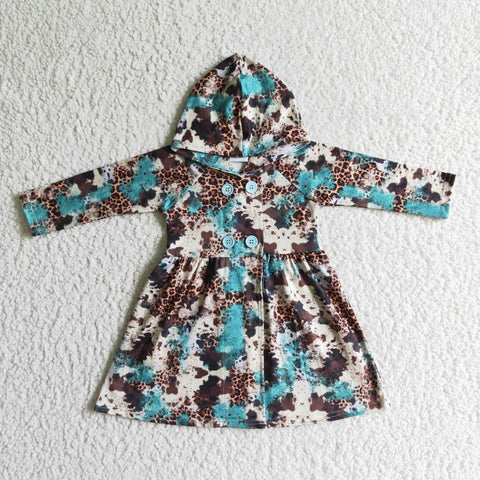 Floral Long Sleeve Hoodie Dress Baby Girls Ink Leopard Print Fall Cardigan