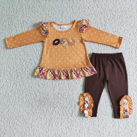 Thanksgiving Day Turkey Embroidery Orange Long Sleeve Outfit