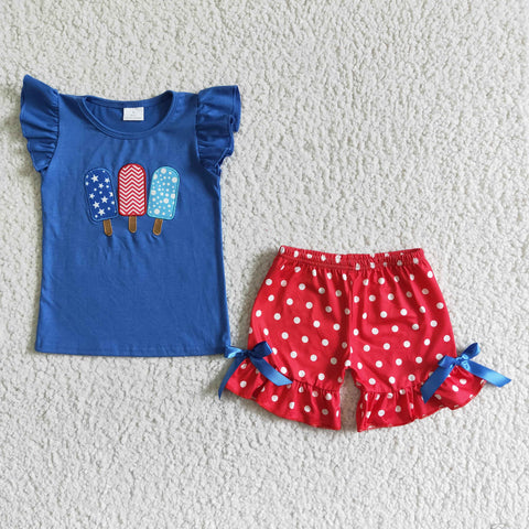 4th Of July Popsicle Embroidery Shirt Shorts Girls Shorts Outfit