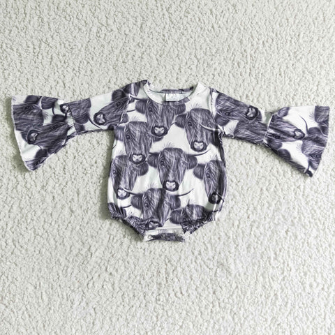 Grey Long Sleeve Highland Cow Print Baby Girls Romper