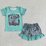 Girl Green Grey Bull Printed Short Sleeve Lace Shorts Outfit