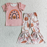 Halloween Rainbow Pumpkin Print Pink Short Sleeve Shirt Pants Outfit