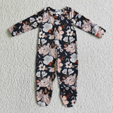 LR0116 Black Flower Print Long Sleeve Baby Toddler Clothes Button Romper-promotion 2024.11.23