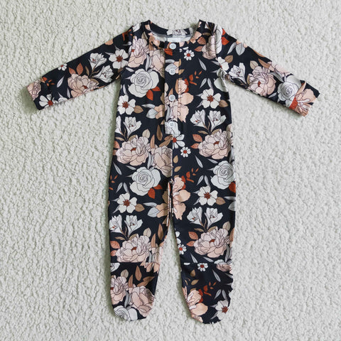 LR0116 Black Flower Print Long Sleeve Baby Toddler Clothes Button Romper-promotion 2024.11.23