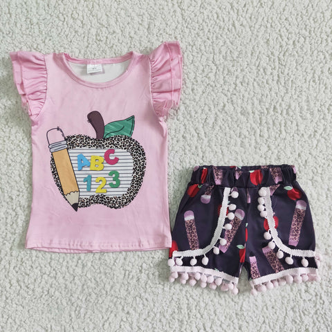 Back To School Girl Pink Flutter Apple Leopard Print Shorts Outfit