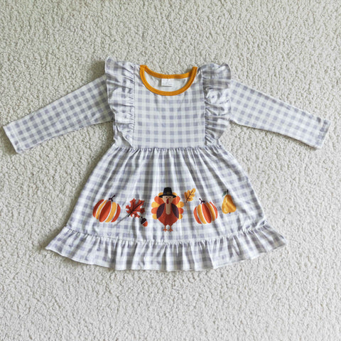 Baby Girl White Plaid Turkey Pumpkin Print Fall Long Sleeve Dress