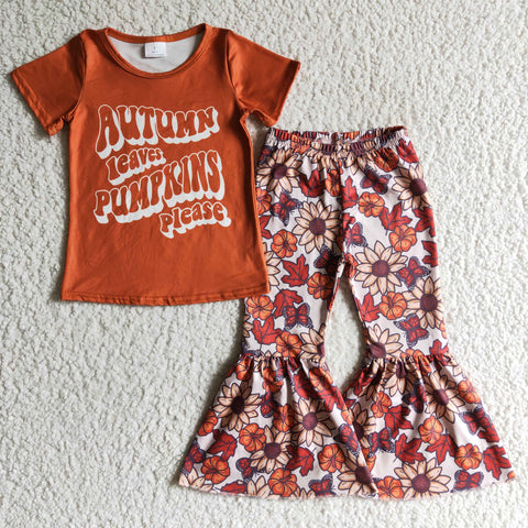 Letter Print Autumn Pumpkins Shirt Flower Bell Bottom Girls Outfits