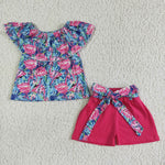 Flamingo One-line Shoulder Rose Pink Skirt Set For Girls