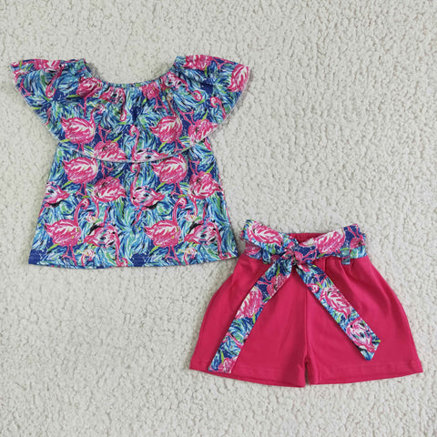 Flamingo One-line Shoulder Rose Pink Skirt Set For Girls