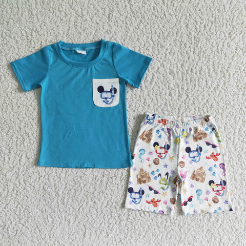Blue Cartoon Print Pocket Baby Boy Summer Outfits