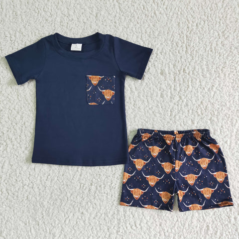 Summer Baby Boy Navy Blue Short Sleeve Cow Print Pocket Shorts Outfit