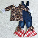 Girl Red Plaid Leopard Shirt Ruffle Denim Overall Jean Outfit