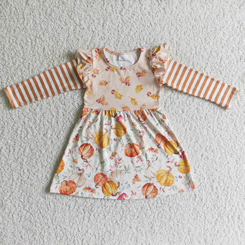 Fall Pumpkin Stripe Baby Girls Long Sleeve Dress
