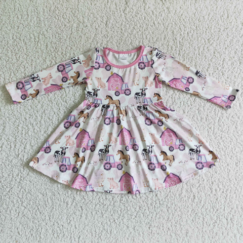 Farm Girl Pink House Car Print Long Sleeve Dress