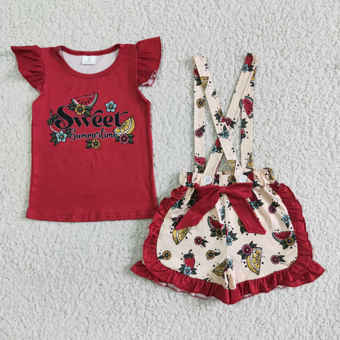 Girl Red Fruit Bow Harness Shorts Outfit Summer Outfits