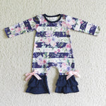 LR0063 Violet Ruffle Lace Floral Print Long Sleeve Baby Girl Romper-promotion 2024.11.23