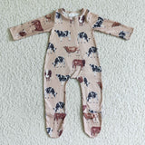Brown Cow Print Long Sleeve Baby Boy Zipper Romper