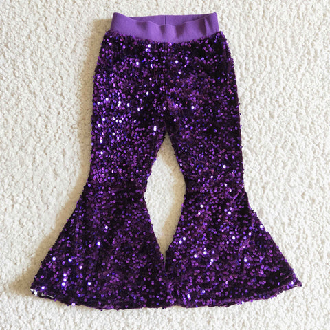 Bling Sequins Purple Girls Kids Bell Bottom Pants