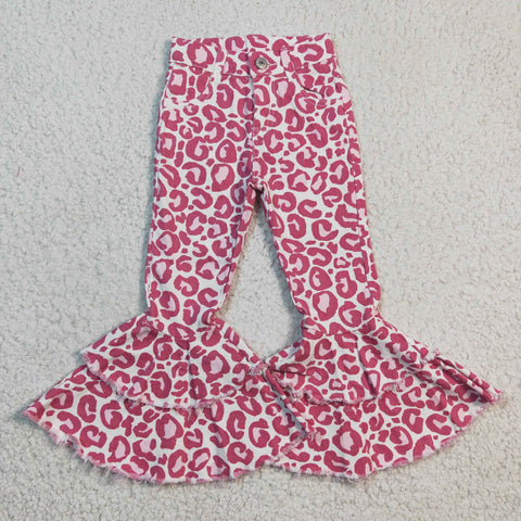 Pink kids leopard bell bottom denim jeans