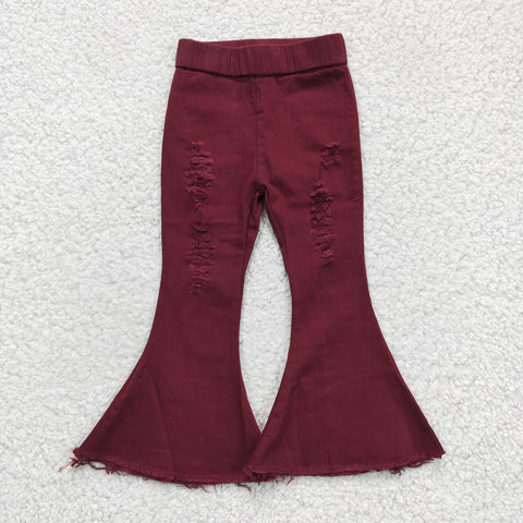 Girl Wine Red Bell Bottom Ripped Jeans