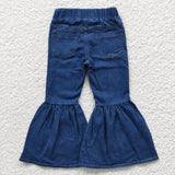 Elastic waistband girls denim blue flare pants