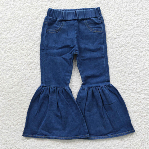 Elastic waistband girls denim blue flare pants