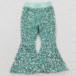 Girls Elastic Waistband Sequined Flare Green Pants