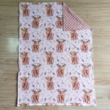 Pink Highland Cow Print Minky Baby Blankets