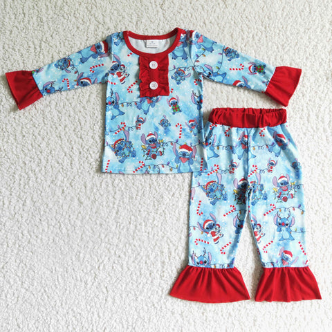 Girl Blue Cute Pet Screen Top Red Ruffle Girls Pajamas Outfit