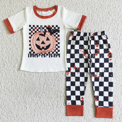Fashion Boy Halloween Pumpkin Short Sleeve Shirt Plaid Pants Sets
