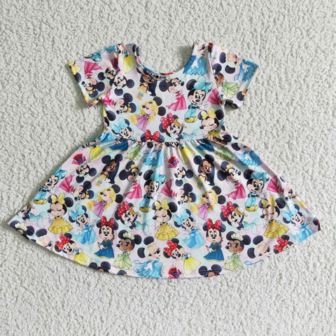 GSD0095 Cute Cartoon Bow Print Short Sleeve Girls Summer Twirl Dresses-promotion 2024.5.18