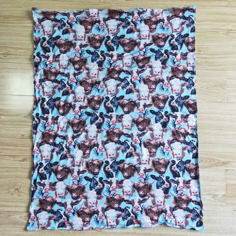 Blue Highland Cow Print Minky Baby Blankets