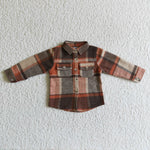 Brown Plaid Cotton Pocket Boy Thick Flannel Button Up Shirt