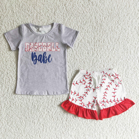 Baseball Babe Gray Short Sleeve Shirt Ruffle Short Baby Girl Pants Outfit