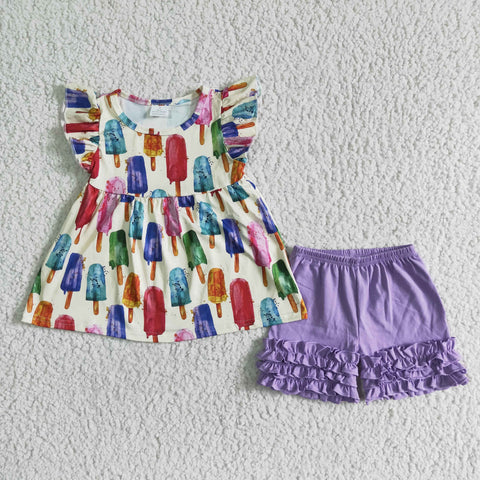 A6-22 Flutter Sleeve Shirt Ruffle Shorts Color Popsicle Ice-cream Girls Summer Clothes-promotion 2024.4.20