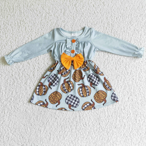 Light Blue Leopard Pumpkin Print Baby Girls Long Sleeve Bow Button Dress