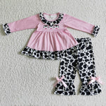 GLP0165 Girl Pink Cow Long Sleeve Tunic Shirt Ruffle Bow Long Pants Girls Outfit-promotion 2024.10.12